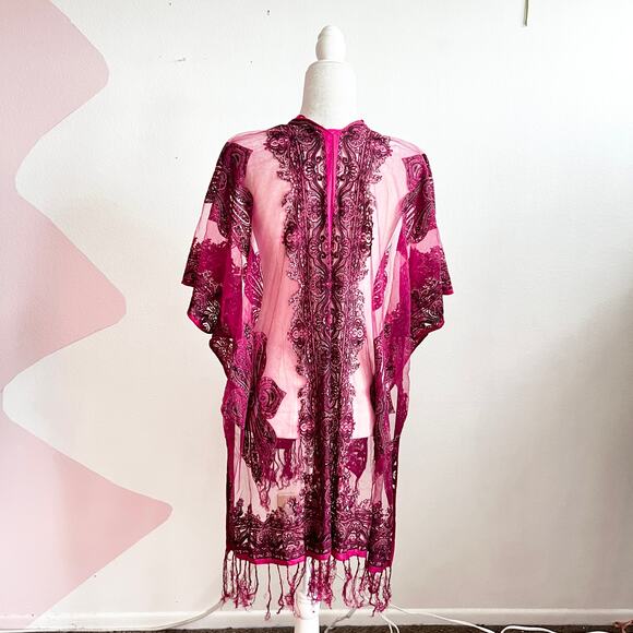Velvet Burnout Mesh Kimono Cardigan Sheer Boho Whimsigoth Bohemian One Size - Picture 2 of 6